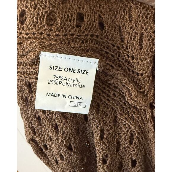 Brown Open Knit Crochet Fringe Kimono Cardigan One Size - Picture 8 of 8